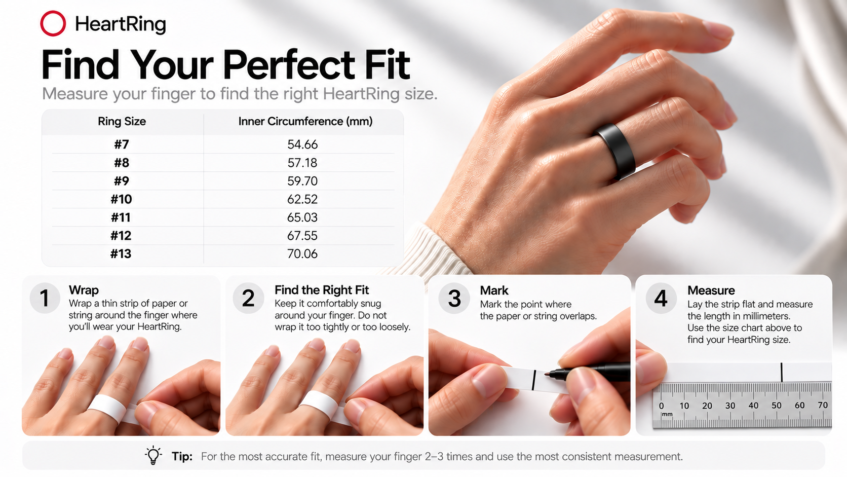 HeartRing diameter and perimeter chart, plus three steps for measuring your ring size
